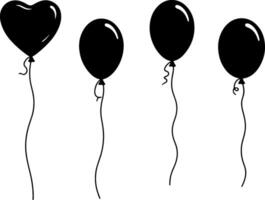 Collection of black balloons and heart-shaped balloon silhouettes vector