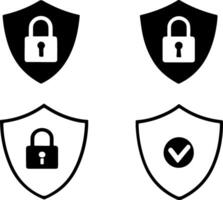 Collection of shield icons with lock and checkmark symbols in silhouette vector