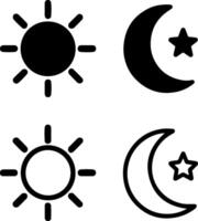 Two sun icons and two moon and star icons in silhouette style vector