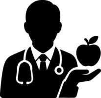 Doctor holding an apple in a simple silhouette style vector