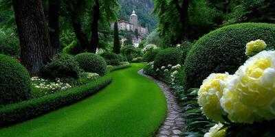 A serene garden path leads to a majestic castle, surrounded by vibrant greenery and flowers. photo