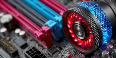 Close-up of a computer motherboard with a glowing red and blue fan, showcasing tech photo