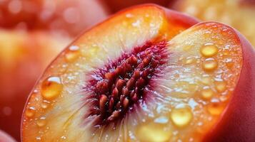 A close-up view of a juicy peach half with water droplets, showing its vibrant colors and texture. photo