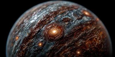 Close-up view of an alien planet with a textured surface, glowing with light in deep space. photo