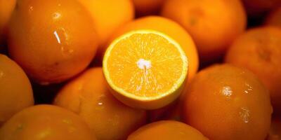 A vibrant close-up showcases a halved orange among whole, ripe fruits. photo