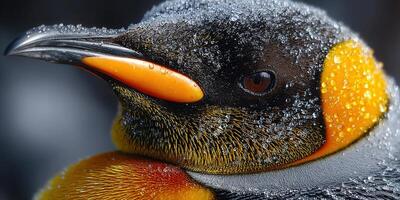 Intriguing close-up portrait of a king penguin, covered in ice droplets. photo