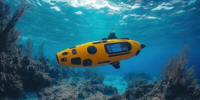 A yellow submarine gracefully navigates the vibrant coral reef, offering a glimpse into the underwater world. photo