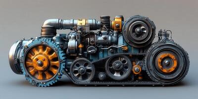 Intricate steampunk machine with gears, wheels, and a complex design, showcasing industrial artistry. photo