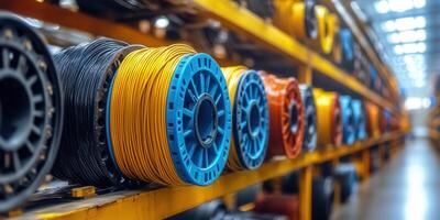 Colorful spools of electrical wire neatly stored on warehouse shelves, ready for use. photo