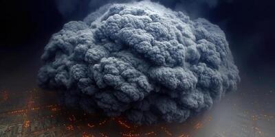 A catastrophic explosion blankets a city in a massive cloud of smoke and ash. photo