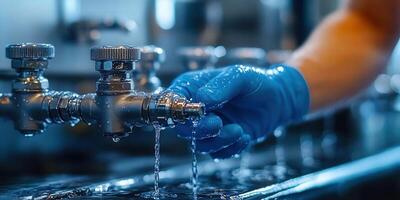 A close-up shot of water flowing from a faucet with a gloved hand, in a lab setting. photo