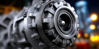 A detailed close-up of an industrial gear mechanism with a shallow depth of field. photo