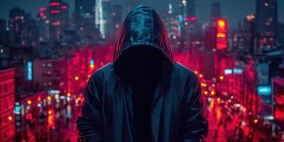 Mysterious hooded figure in a neon-lit cityscape at night with dramatic lighting and atmosphere. photo