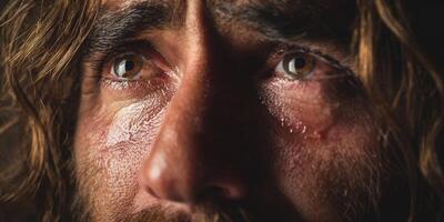 A close-up portrait captures a man's tearful eyes, filled with deep emotion and sadness. photo