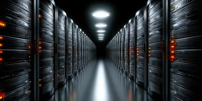 filas de servidores en un datos centrar iluminado por gastos generales luces, representando moderno informática y almacenamiento. foto