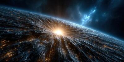 A mesmerizing view of a glowing planet with a bright light source in deep space. photo