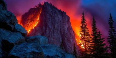 A mountain blazes with fire, creating a striking scene of nature's raw power and destruction. photo