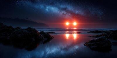Stunning nightscape featuring a sparkling starry sky reflecting in tranquil waters with a red glow. photo