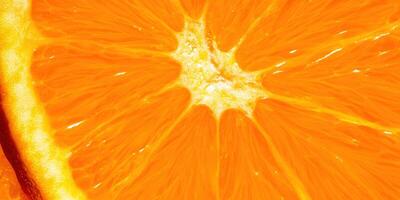 Detailed close-up of a vibrant orange slice, showcasing its juicy interior. photo