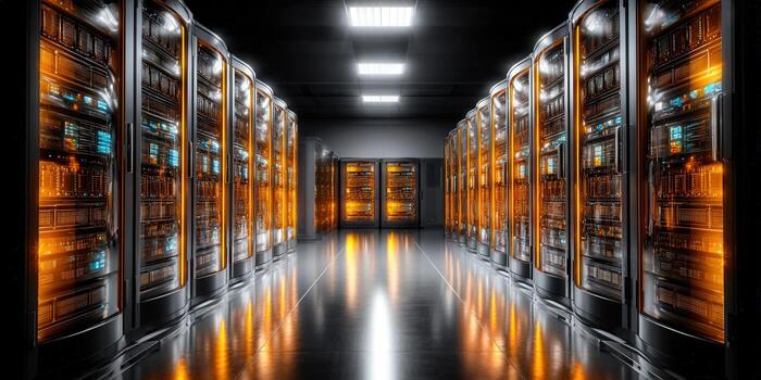 Inside a cutting-edge server room, showcasing powerful data processing technology. photo