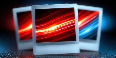 Three polaroid frames capture abstract light streaks, a modern visual concept. photo