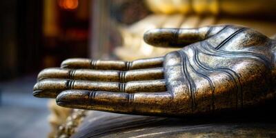 The golden hand of a Buddha statue, showcasing intricate details and serene beauty. photo