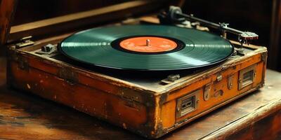 A detailed shot of a vintage record player with a vinyl record on it. photo