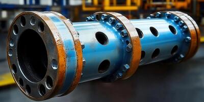 A close-up shot of a cylindrical metal component featuring a blue finish and rusty details. photo