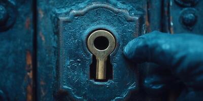 Close-up shot of a hand reaching for a vintage keyhole on an old door. photo
