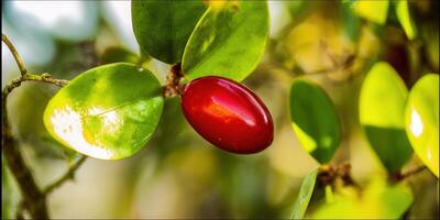 Close-up of a ripe red fruit with bright green leaves in natural sunlight. photo