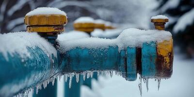 Icy blue pipes with yellow caps are covered with snow and icicles. photo