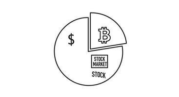 A pie chart with a bitcoin and stock market vector