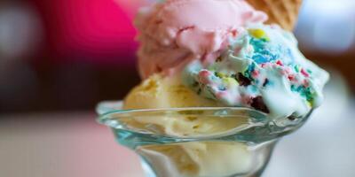 Delicious ice cream sundae with vibrant colors, a perfect summer treat. photo