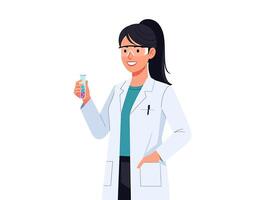 A woman in a lab coat holding a test tube vector
