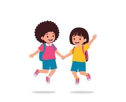 Two children jumping with backpacks and holding hands vector