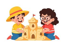 Two kids building sand castle vector