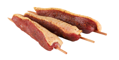 Fresh BBQ Pork Skewers studio cut out isolated transparent background png