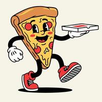 Retro Cartoon Character Pizza Man Running with Takeout Food Box vector