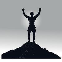 Black and White Silhouette of Triumphant Male Hiker Standing on Cliff with Arms Up Symbol vector
