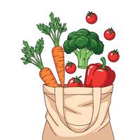Fresh Organic Vegetables in Reusable Tote Bag Carrots Broccoli Bell Pepper and Tomatoes Healthy Eating Illustration vector