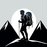 Black and White Hiking Explorer Silhouette on Mountain Top with Backpack vector