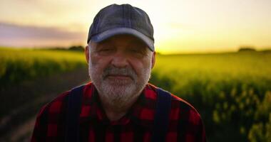 Elderly Farm Worker Walking In Farmland, Portrait In Motion, Old Man Looking At Camera, Aged Farmer video