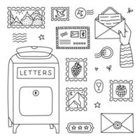Lovely black and white postage office set with postbox, girl open envelope, airmail envelope, postage mark, rubber stamps. Trendy hand drawn postal outline doodle isolated on white background. vector