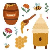 Honey barrel, beehive, and flowers illustrations vector