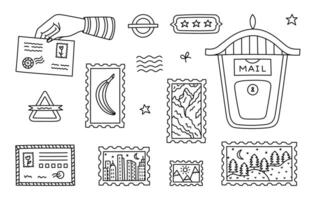 Lovely line doodle delivering mail set with retro mailbox, woman sending a letter, postcard, atmospheric postage mark. Trendy hand drawn correspondence and seal sketch collection isolated on white. vector