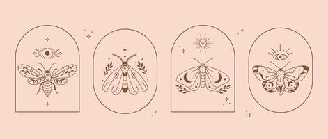 Vintage Style Moth and Butterfly Mystic Art. Boho Insect Moths Butterflies Set with Esoteric Symbols Sun Moon and Stars Logo Emblem Print Design, tattoos, wall art Minimal Line Art Style . vector