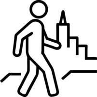 Simple line icon of a person walking past stylized buildings vector
