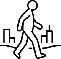 Simple black line drawing of a person walking through a cityscape vector