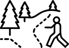 Black line art of a person walking on a dotted path through a forest vector