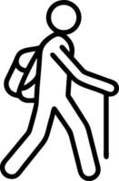 Black and white icon of a person hiking with a backpack and pole vector